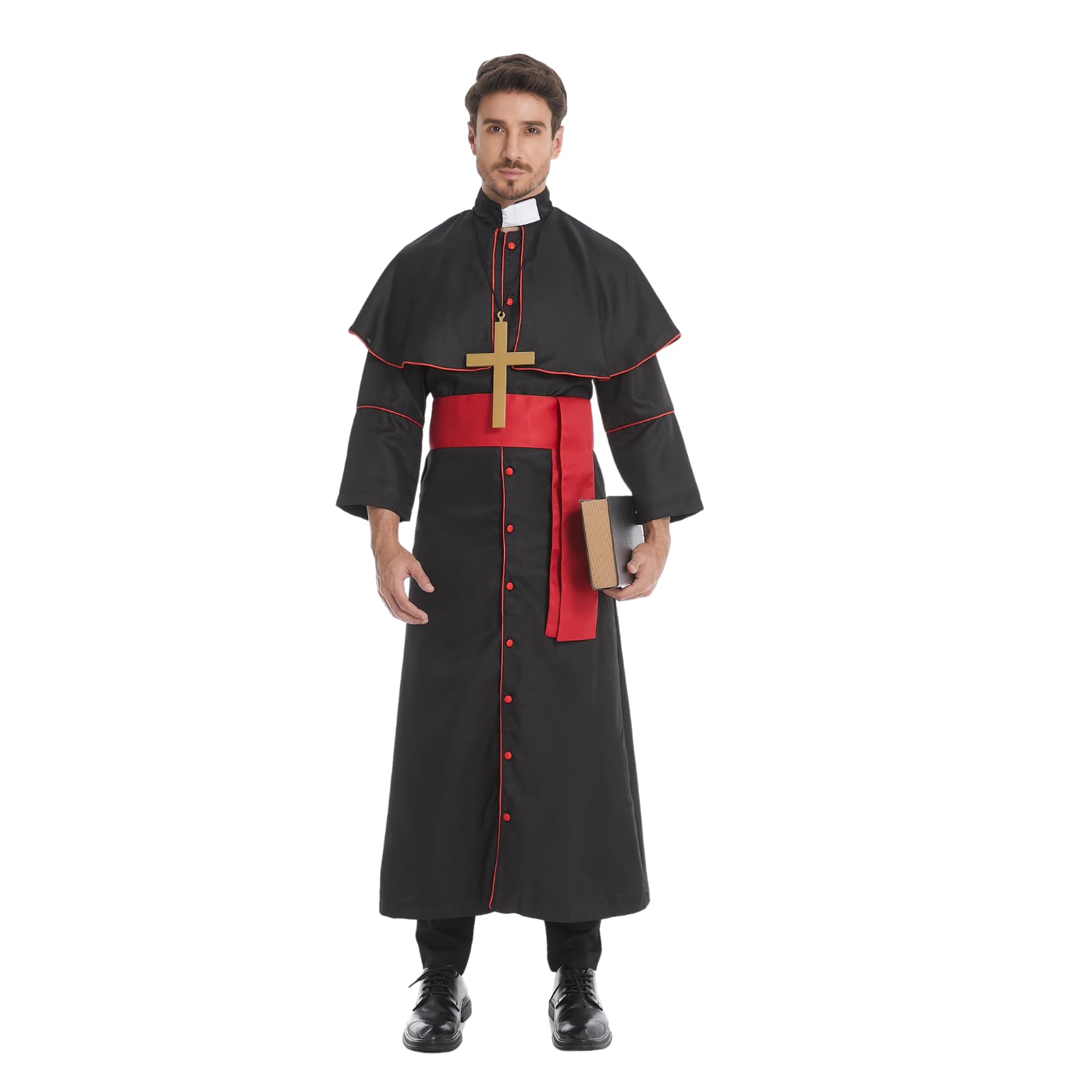 Photo 1 of AGCOAH Mens Priest Costume Adult Priest Robe Preacher Costume Father Priest Halloween Priest 3 Pcs (Black with Red Edge-M)