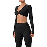 SUUKSESS Women 2 Piece Workout Sets Long Sleeve Twist Deep V Crop Padded Tops Yoga Leggings with Side Pockets