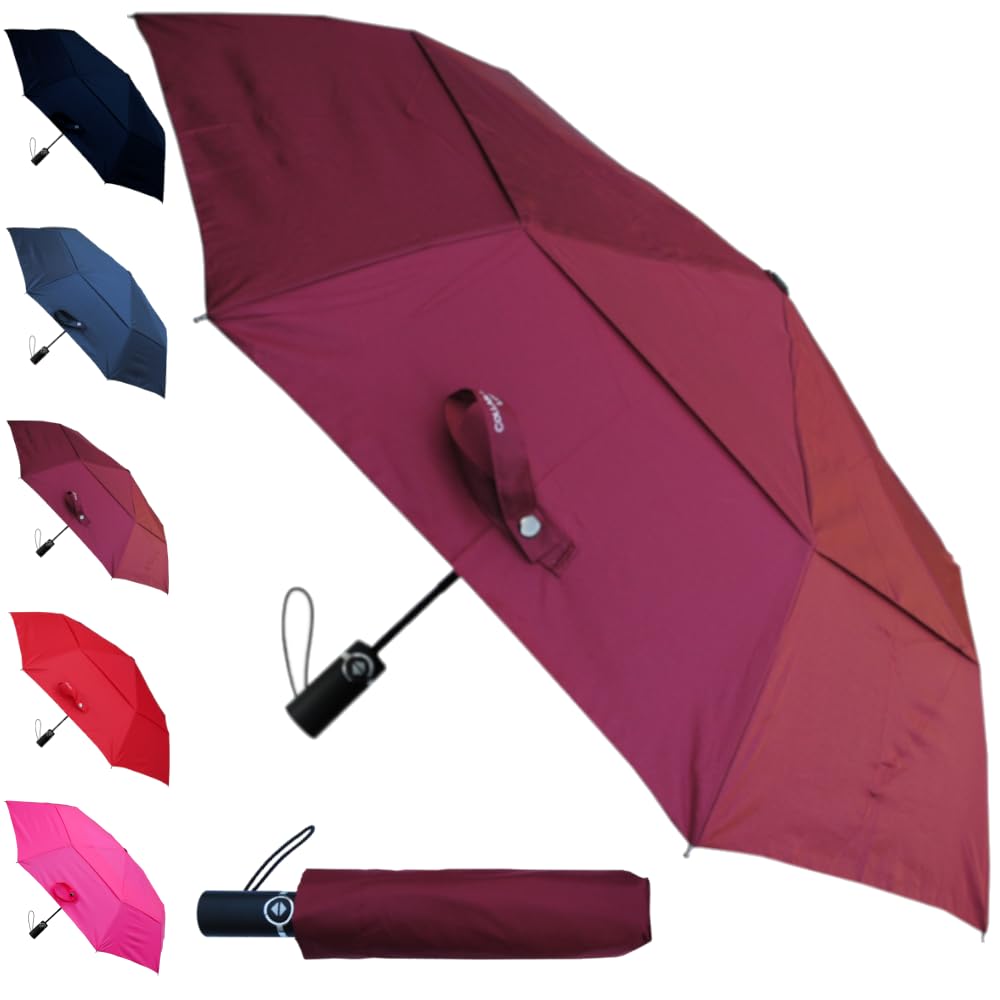 50MPH StormDefender Compact Windproof Strong Umbrella - Small Compact Umbrella - Vented Canopy - Folding Foldable Best for Auto Open and Close - Burgundy Red