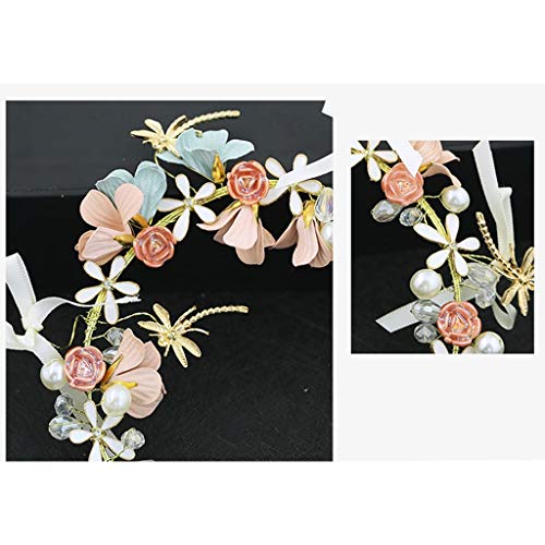 Wreath Flower Girl Headband Pink Handmade Crystal Headdress Wedding Bridal Hair Accessories (Size : 30cm)