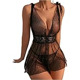 ALOECDYV Women's 2 Piece Polka Dots Lace Sheer Mesh V Neck Babydoll Teddy Lingerie Set