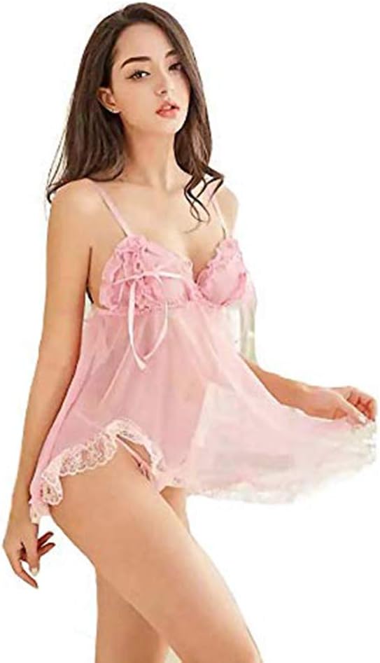 Women Strappy Teddy Lingerie Sleepwear V Neck Lace Babydoll Chemise (Small, Pink)