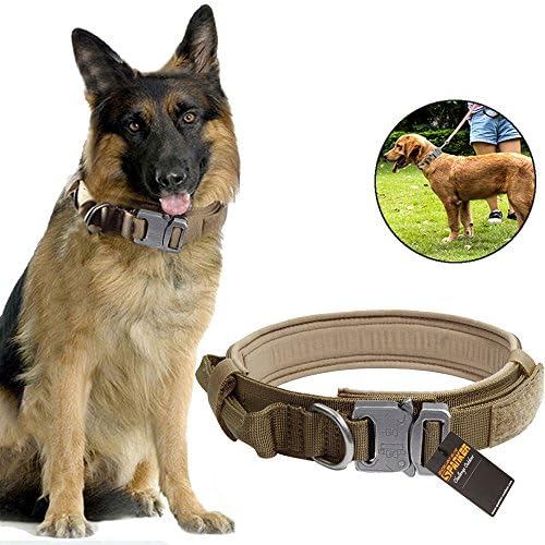 Adjustable Nylon Dog Collar Military Tactical Training with Control Handle, Metal Buckle &amp; ID Tag 1.5inch (Coyote brown)