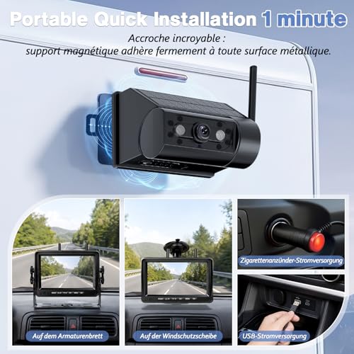 VASTEND Caméra de recul Solaire sans Fil avec écran HD 7 Pouces 1080P, caméra de recul numérique sans Fil, Batterie 10000 mAh, étanche IP69 – pour Camping-Cars, camions, fourgons aménagés (VS-7G)