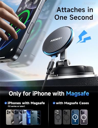ANDERY Only for iPhone Magsafe Car Mount Charger [15W Fast Wireless Charging, 78+LBS Strong Suction, 2400gf Strong Magnetic] 360° Adjustable Car Phone Holder, Phone Holders for Your Car, Carbon Fiber