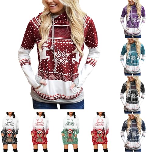Angxiwan Ladies Long Sleeve Tops Christmas Hoodies for Women UK Oversized Graphic Print Festival Gift Casual Long Sleeve Sweatshirt Hooded Ladies Sweatshirts without Hood Sweatshirt Women