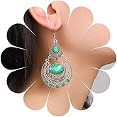 Andelaisi Boho Filigree Teardrop Drop Earrings Vintage Tribal Geometric Hook Earrings Silver Ruby Waterdrop Dangle Earrings Ethnic Gypsy Pattern Chandelier Earrings Jewelry for Women