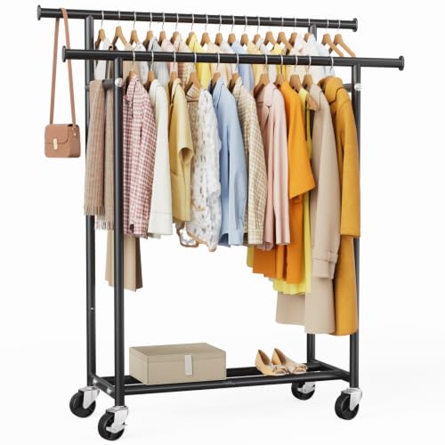 HYSEYY Double Rods Clothing Rack, Rolling Clothes Rack for Hanging Clothes, Portable Garment Rack with Wheels, Coat Rack Wardrobe Closet Load 240 LBS for Bedroom, Laundry Room