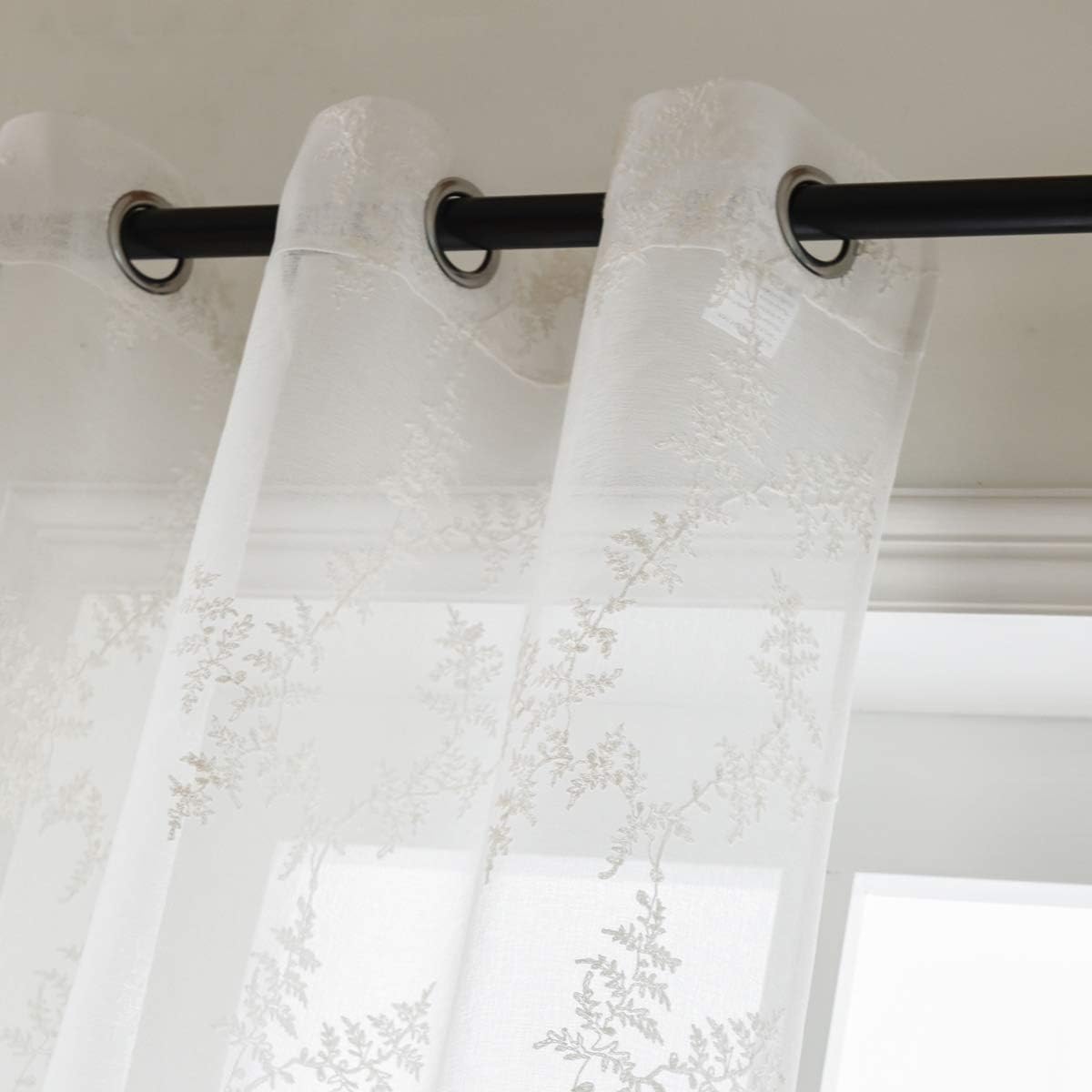 Taisier Home Off White Sheer Curtains White Leaves Embroidery Faux Linen Grommet Top Curtains for Living Room 52 x 84 Inch, Set of 2 Curtain Panels