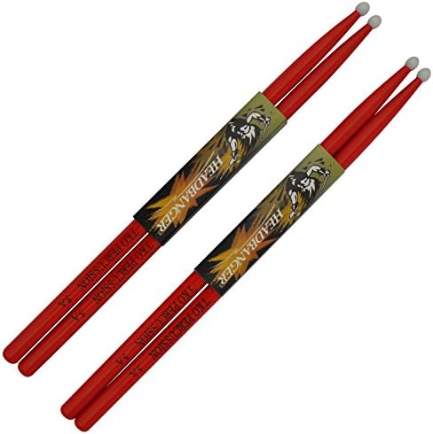 Red Nylon Tip drumsticks 5a pack: 2 pairs (4 sticks) of red 5a drumsticks Red Nylon Tip. 5a Red drum sticks solid hickory wood. 2 pairs of solid red 5a drum sticks red nylon tip professional quality.