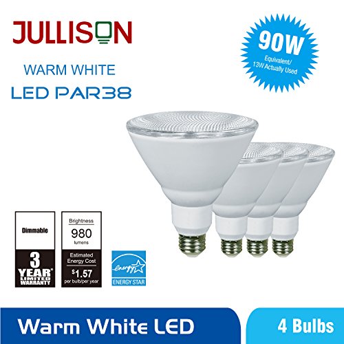 JULLISON 4 Packs PAR38 LED Bulb, 120V/13W/980Lumens/40 Degrees Beam, 90W Equivalent, 3000K Warm White, CRI80+, dimmable, True Look, Outdoor Flood, E26 Base, UL & Energy Star & FCC Listed, Wet Location
