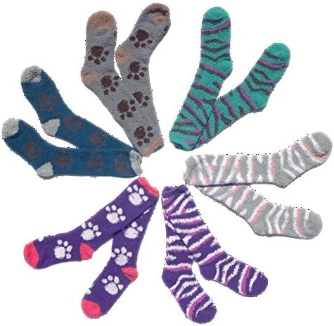 Best 6 Pack Warm Winter Fuzzy Cozy Fluffy 3 Paw & 3 Zebra Animal Print Purple Crew Socks FashionNut Best Stocking Stuffer Gift Idea Teen Girl Women Girlfriend Teach Under $5