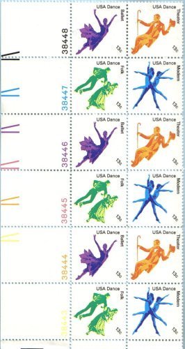 AMERICAN DANCE ~ BALLET, THEATRE, FOLK, MODERN DANCE #1752a Plate Block of 12 x 13 cents US Postage Stamps