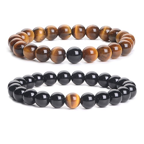 iSTONE 2 pcs Black Agate & Tiger Eye Gem Beads 8mm Double Matching Distance Bracelets 7