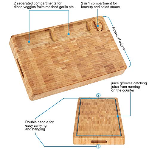 HHXRISE Thick Large Organic Bamboo Cutting Board Cheese Board, With 3 Built-In Compartments&Juice Grooves, Heavy Duty Chopping Board For Meat Bread Fruit(15.8x9.8x1.2'') Butcher Block BPA Free - Thumbnail 2