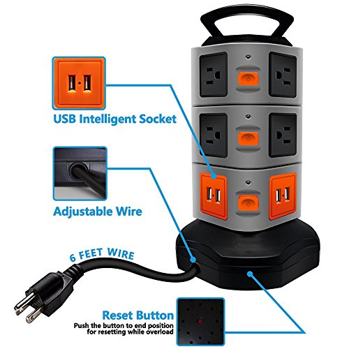 Surge Protector Power Strip, Lovin Product Safety Universal Electric Charging Station; with 10 Outlets 4 USB/Rotating Tower/ 6 feet Cord Wire Extension Power Strip Tower (10 Outlets 4 USB)