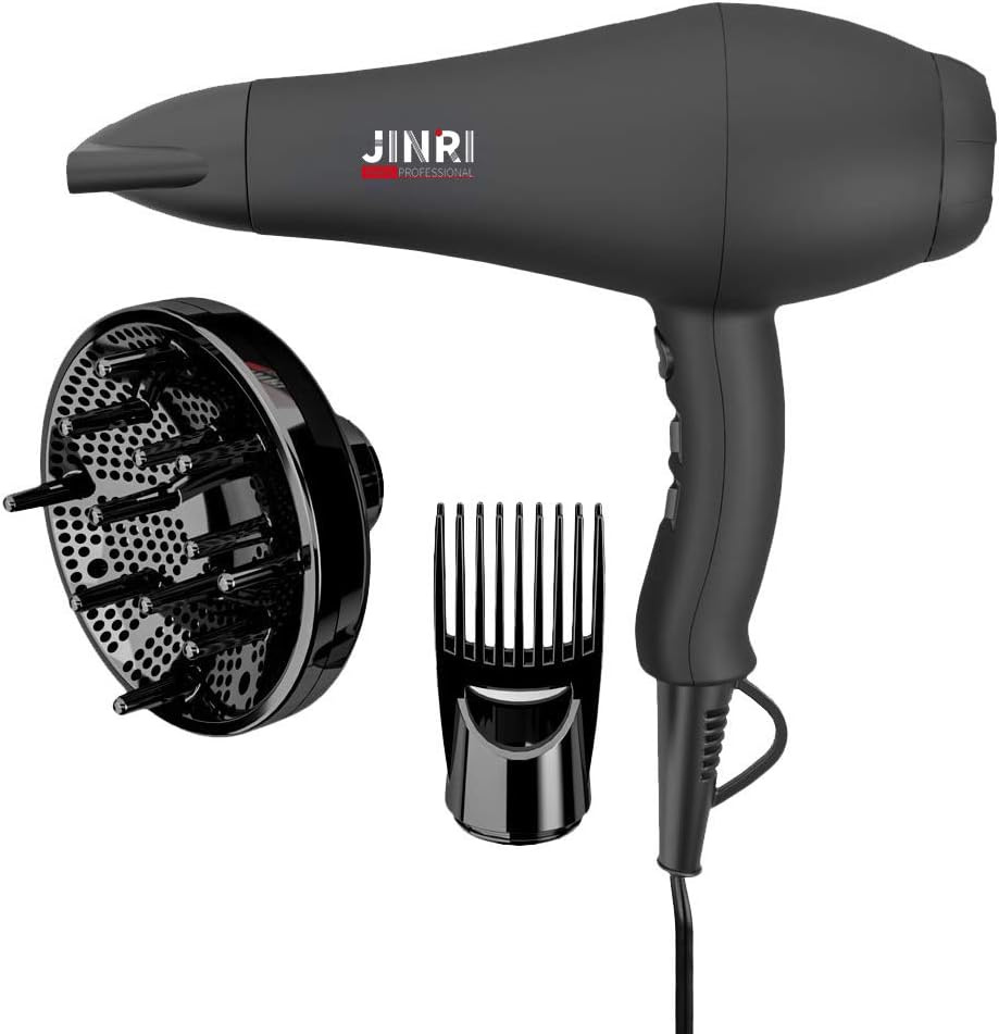 JINRI 2000W Professional Negative Ionic Hair Dryer, 3 Speeds 2 Heat Plus Cool Settings Blow Dryer with Powerful AC Motor, Long Cord hair dryer, Contain Attachment Concentrator, Black