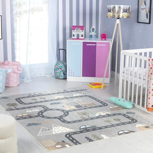 Livabliss Auto-Spielmatte Kinderteppich waschbar - Cartoon Teppich 160x213 cm, Waschbarer Teppich Kinderzimmer oder Babyzimmer, Krabbelteppich, Spielteppich - Baby Teppich fuer Jungen & Maedchen, Grau