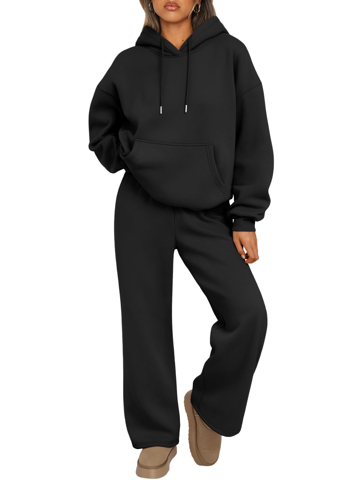 Photo 1 of Trendy Queen Womens 2 Piece Outfits Lounge Fall Fashion Sets Oversized Sweatshirts Wide Leg Pants Sweatsuits Winter Clothes Black L