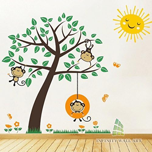 Nursery Tree Wall Stickers Animal Monkey Kids Wall Art Decals - PD315/Direction A (Large)