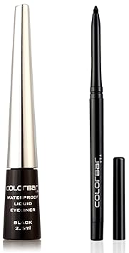 Colorbar Mesmereyes Kajal, Black 001, 0.35g + Colorbar Waterproof Liquid Eyeliner, Black, 2.5ml