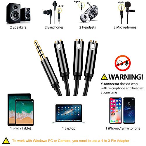 Y Splitter Mic 2-3 Microphones 1/8" TRRS Microphone Splitter(with Trrs to TRS Adapter), 3.5mm Y-Connector 2-3 Headset Headphone Audio Signal Cable
