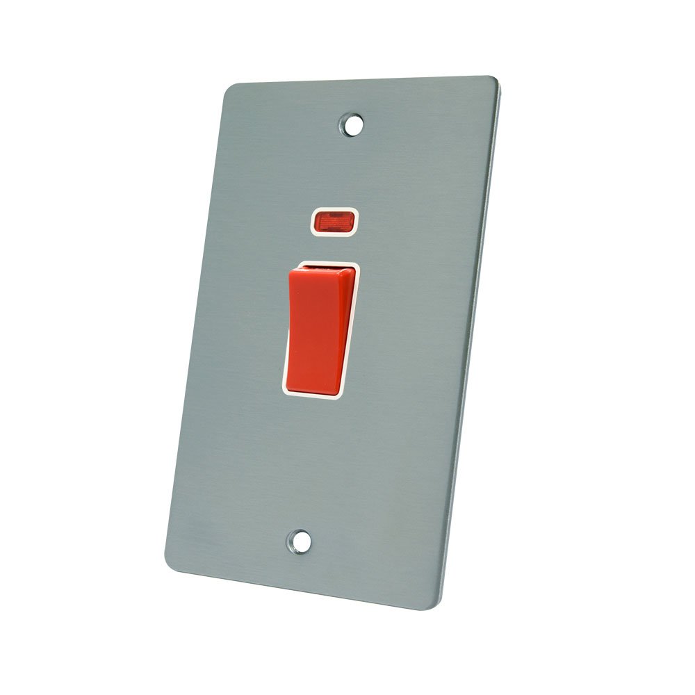AET FSCCSWWHT Satin Chrome Flat 45A Tall White Insert-45 Amp DP Cooker Switch w/Neon Indicator 2-Gang Plate