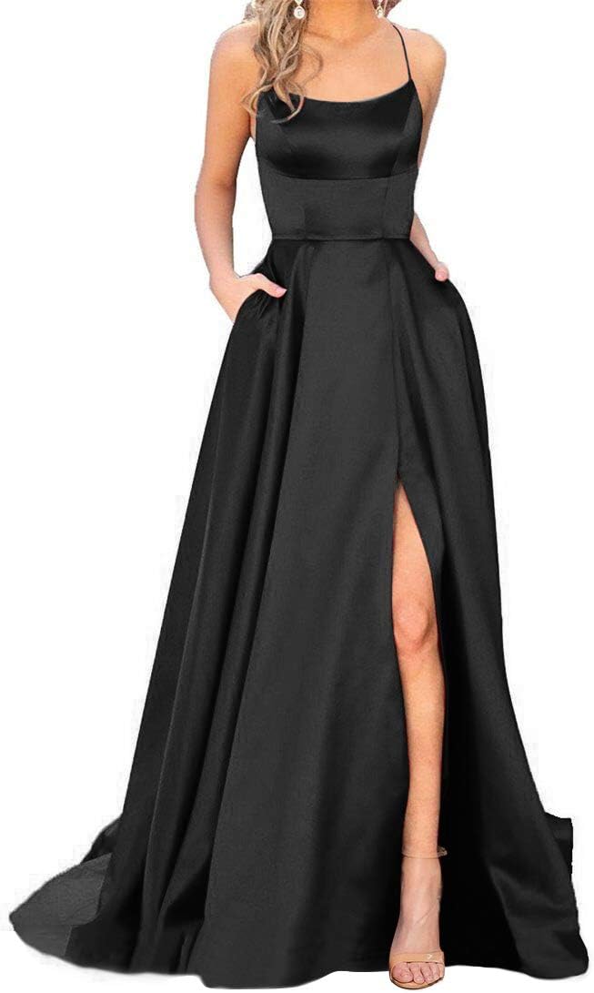 JASY Women's Spaghetti Satin Long Black Prom Dresses with Pockets