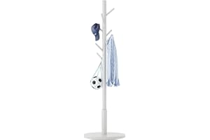 Aibiju Standing Coat Rack White Coat Stand with 8 Hooks and 3 Height Options, Wood Kids Coat Tree with Sturdy Round Base, Small Hall Tree White YD-1009