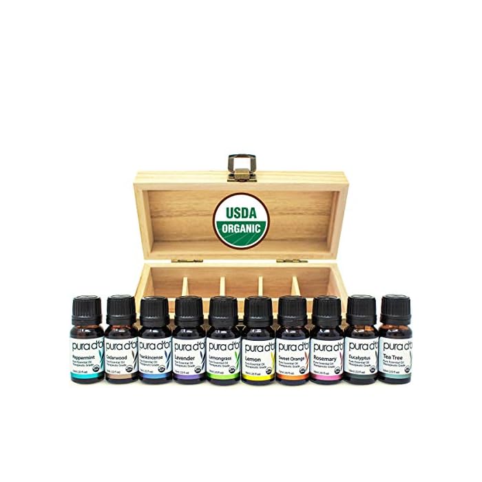 PURA D'OR Organic Essential Oils Set of 10 10ml Perfect10 Wood Box Gift Set, 100% Pure Therapeutic Grade Aromatherapy…