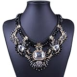 18K Gold Resin Bead Leather Rope Flower Statement Rhinestone Bib Choker Necklace