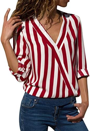 WOCACHI Women Striped Work Office Ladies Loose Long Sleeve Tops Casual Blouses