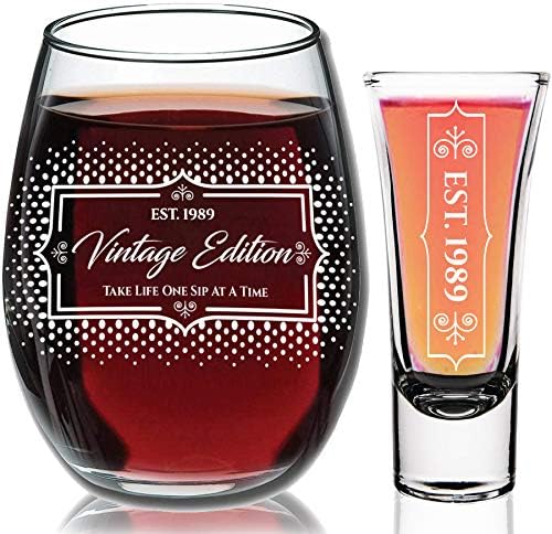 1989 30th Birthday Gifts Under $10 for Women and Men Wine Glass - Funny Vintage Birthday/Pearl Anniversary Gift Ideas for Mom, Dad, Husband or Wife - Wine Glasse + Shot Glass for Red or White Wine