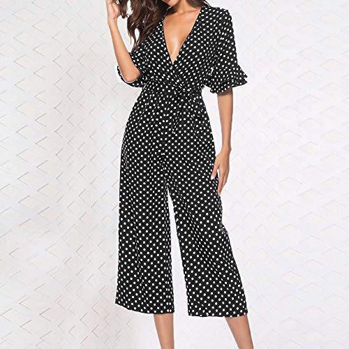 Corriee Women Spring Stylish Polka Dot Printed V-Neck Half Sleeve Wide Leg Romper Pants Long Jumpsuit Black