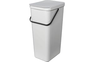 Brabantia Sort & Go Recycle Trash Can 10.6 Gallons (Light Gray) Space-Efficient Plastic Recycle Can with Handle, Removable and Stay-Open Lid, Easy to Clean Kitchen Garbage Can Without Nooks and Rims