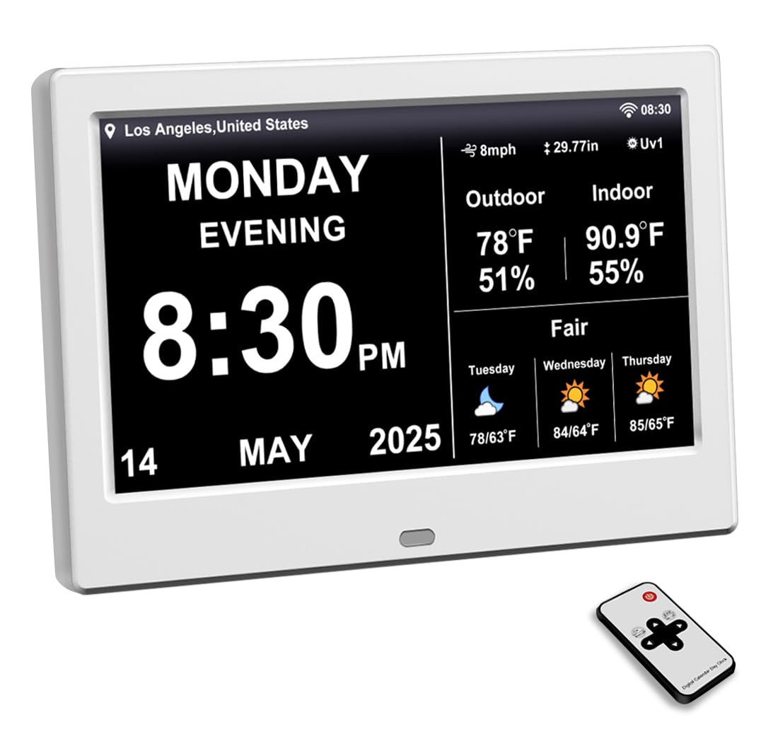 Photo 1 of 2025 New Digital Clock with Temperature/Humidity & Weather Forecast, Auto Time Sync Large Display, Custom Alarms & Medication Reminders, Ideal for Elderly(White, 7-Inch)