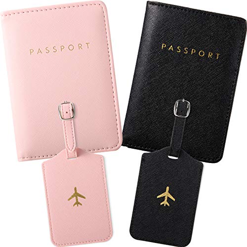 Weewooday 2 Set Mr and Mrs Passport Covers Holder and Luggage Tags Cute Leather Wallets Holder Travel Luggage Tags for Women Men Gift(Pink, Black)