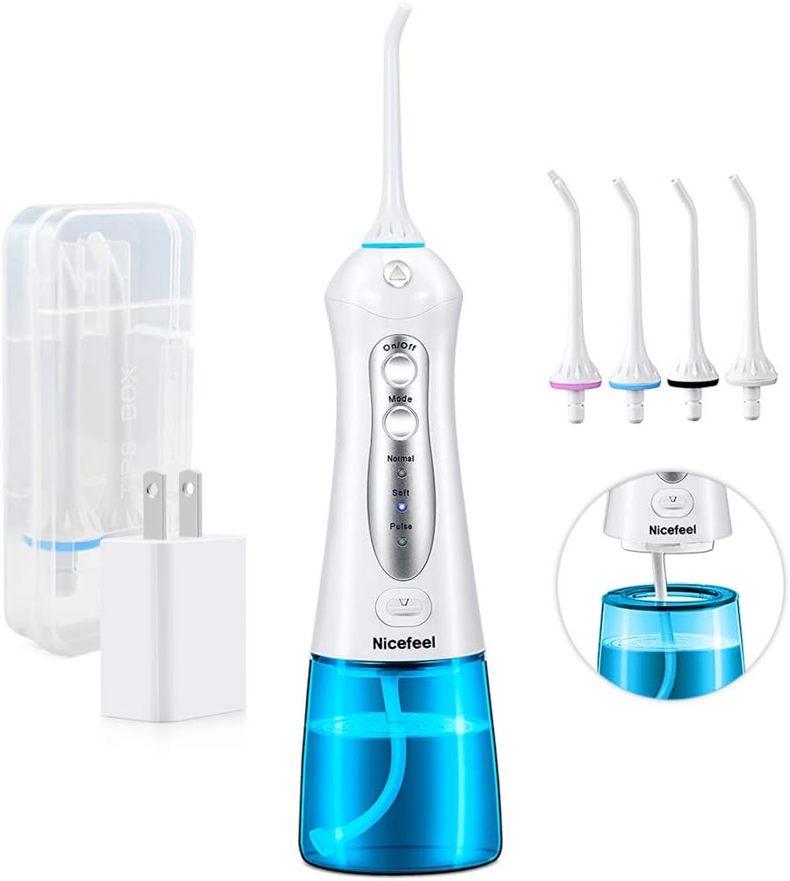 Cordless Water Flosser Teeth Cleaner, Nicefeel 300ML 2 Tip Cases Portable and USB Rechargeable Oral Irrigator for Travel, IPX7 Waterproof, 3-Mode Water Flossing with 4 Jet Tips for Home