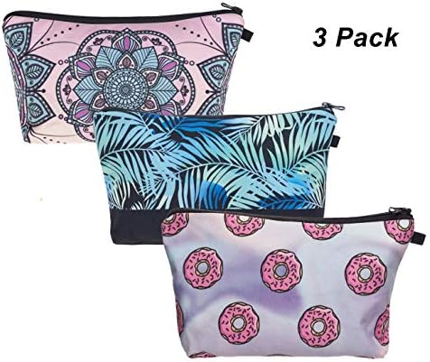 HOYOFO Women’s Travel Cosmetic Bags Small Makeup Clutch Pouch Cosmetic and Toiletries Organizer Bag Pack of 3, Doughnut Leaves