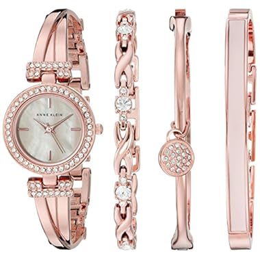 Anne Klein Women’s AK/2238RGST Swarovski Crystal-Accented Rose Gold-Tone Bangle Watch and Bracelet Set