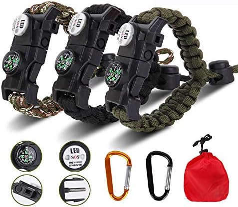 Meetrip 20 in 1 Adjustable Paracord Survival Bracelet, Tactical Survival Gear Kit with SOS LED Light, Emergency Knife, Whistle, Compass, Fire Starter for Camping, Climbing - 3 Pack
