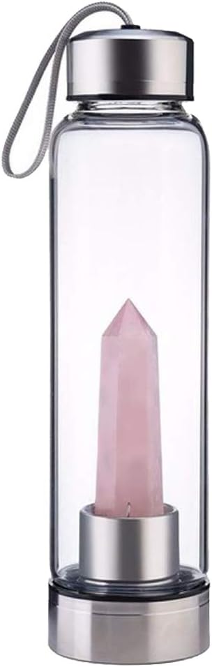 Crystal Glass Water Bottle - Water Bottle with Gemstone Center Energy Cup Crystal Elixir Bottle with Natural Crystal Point Healing Obelisk Wand