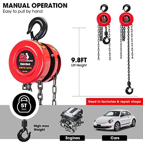 BIG RED TR9050 Torin Manual Hand Lift Steel Chain Block Hoist with 2 Hooks, 5 Ton (10,000 lb) Capacity, Red - Image 3