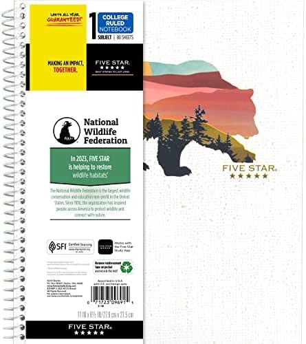 Five Star and National Wildlife Federation Spiral Notebook + Study App, 1 Subject, College Ruled Paper, 11" x 8-1/2", 80 Sheets, Forest Bear, 1 Count (820088FM) (Pack of 12) Image
