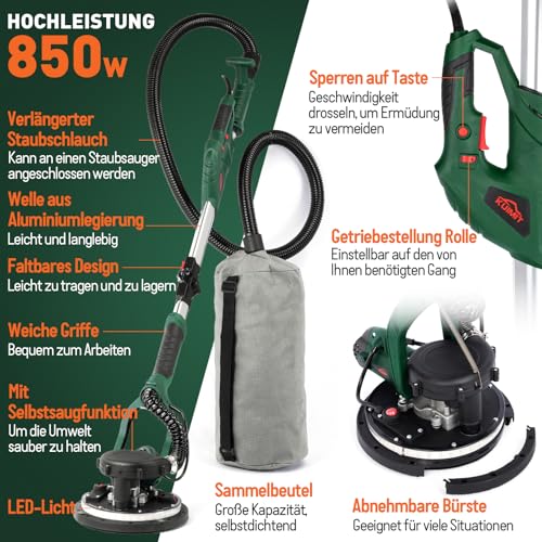 KUIMIT Giraffe Sander 850W, Wall and Ceiling Sander, LED Light Telescopic Handle, 6 Speeds (800-1750rpm), Electric Sander Sander, with Automatic Dusting, 12 Abrasive Discs