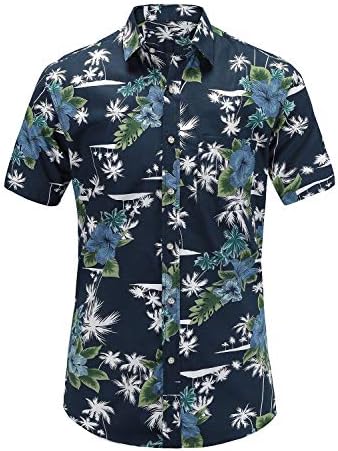JEETOO Mens Casual Flower Print Hibiscus Short Sleeve Hawaiian Aloha Shirt