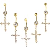 Niaspi 5Pcs CZ Cross Belly Button Rings for Women 14G 316L Stainless Steel Belly Curved Barbell Dangle Belly Navel Rings Body Piercing Jewelry
