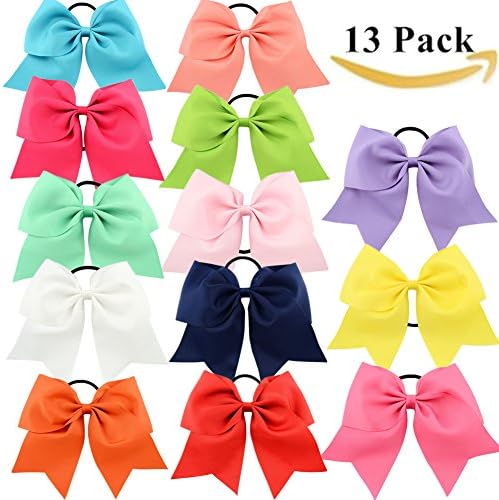 GBATERI 13 Pack Baby Girls 8" Large Jumbo Cheer Hair Bows Hair Ties Rope Elastic Ponytail Holder Grosgrain Ribbon Head Loop For Teens Toddlers Kids Children Sports Girls Uniform Cheerleader