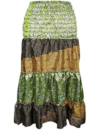 Women's Skirt Green Printed Sari Recycled Silk Tiered Knee Length S/M