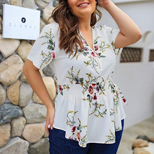 iYBUIA Women Plus Size Loose Short Sleeve Print Top Hem Layed Zipper V-Neck T Shirts Tops White